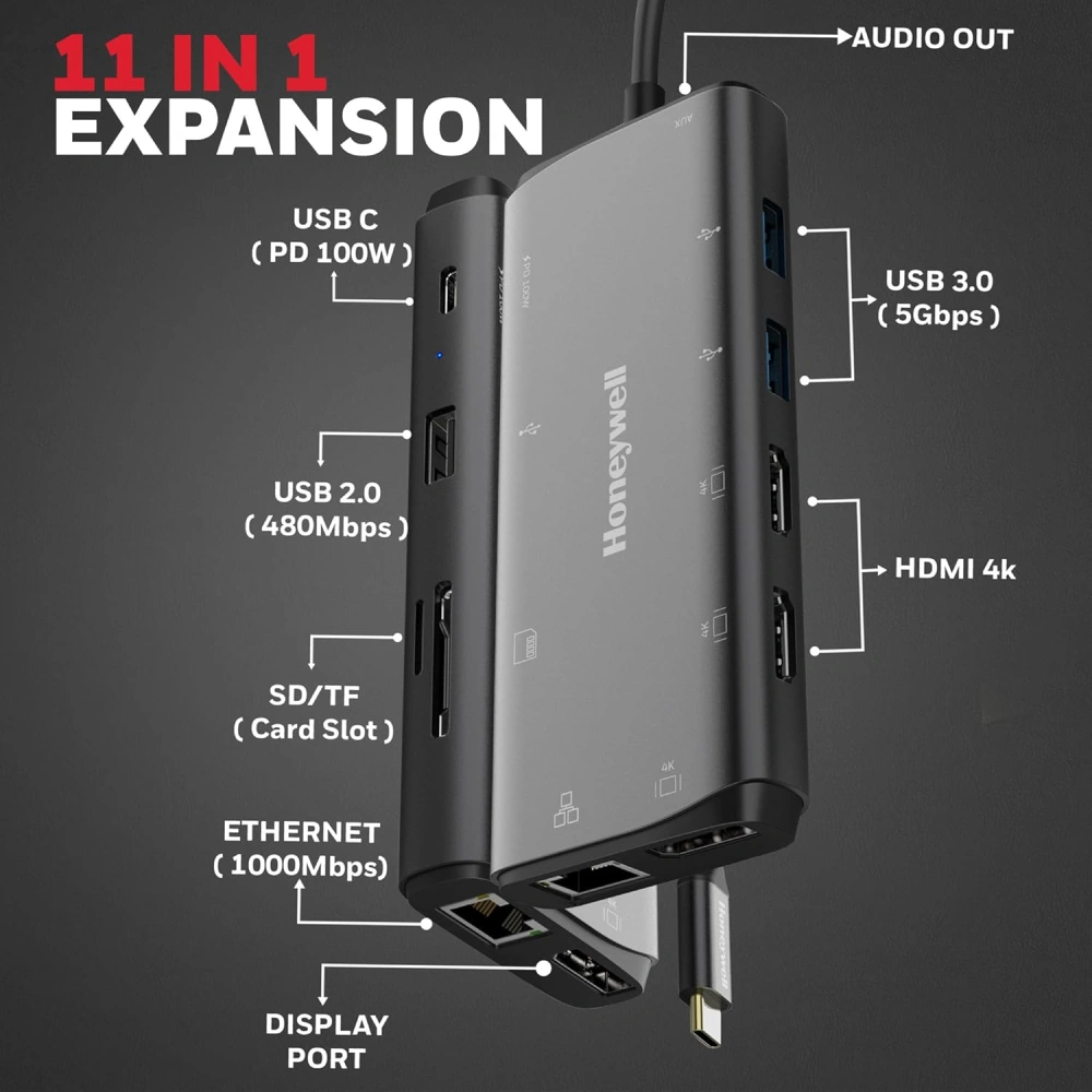 Honeywell Type C Docking Station 11 in 1 (USB | Type C | HDMI | Lan | DP | Aux | SD Card) (Open Box) view 2